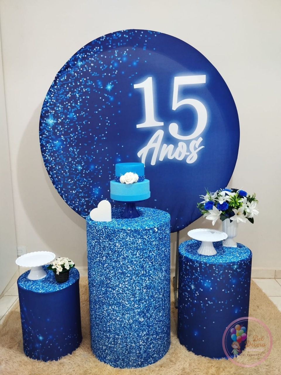 Kit 15 Anos Azul Com Glitter Básico - Bel Decora Pegue e Monte