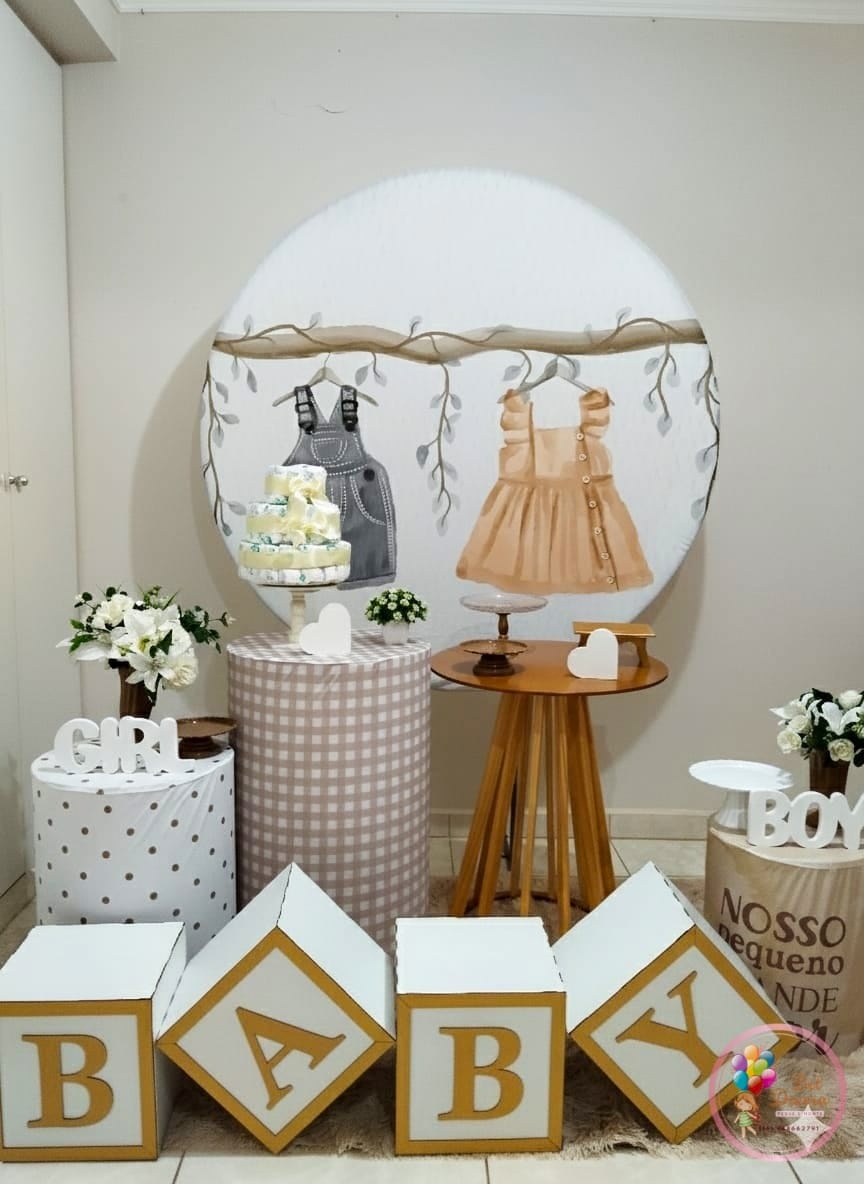Chá Revelação Roupinhas Bebê Ouro - Bel Decora Pegue e Monte