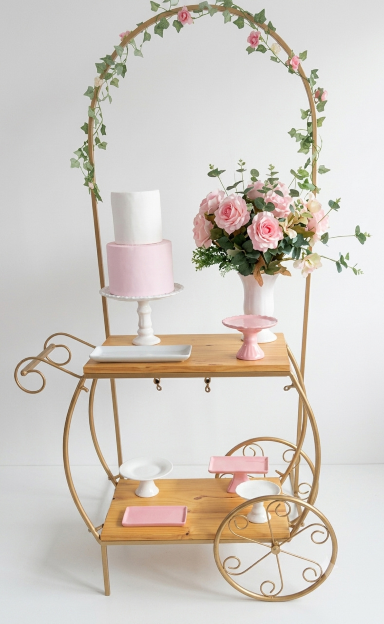 Carrinho Dourado Floral Rosa - Mimi Decorações