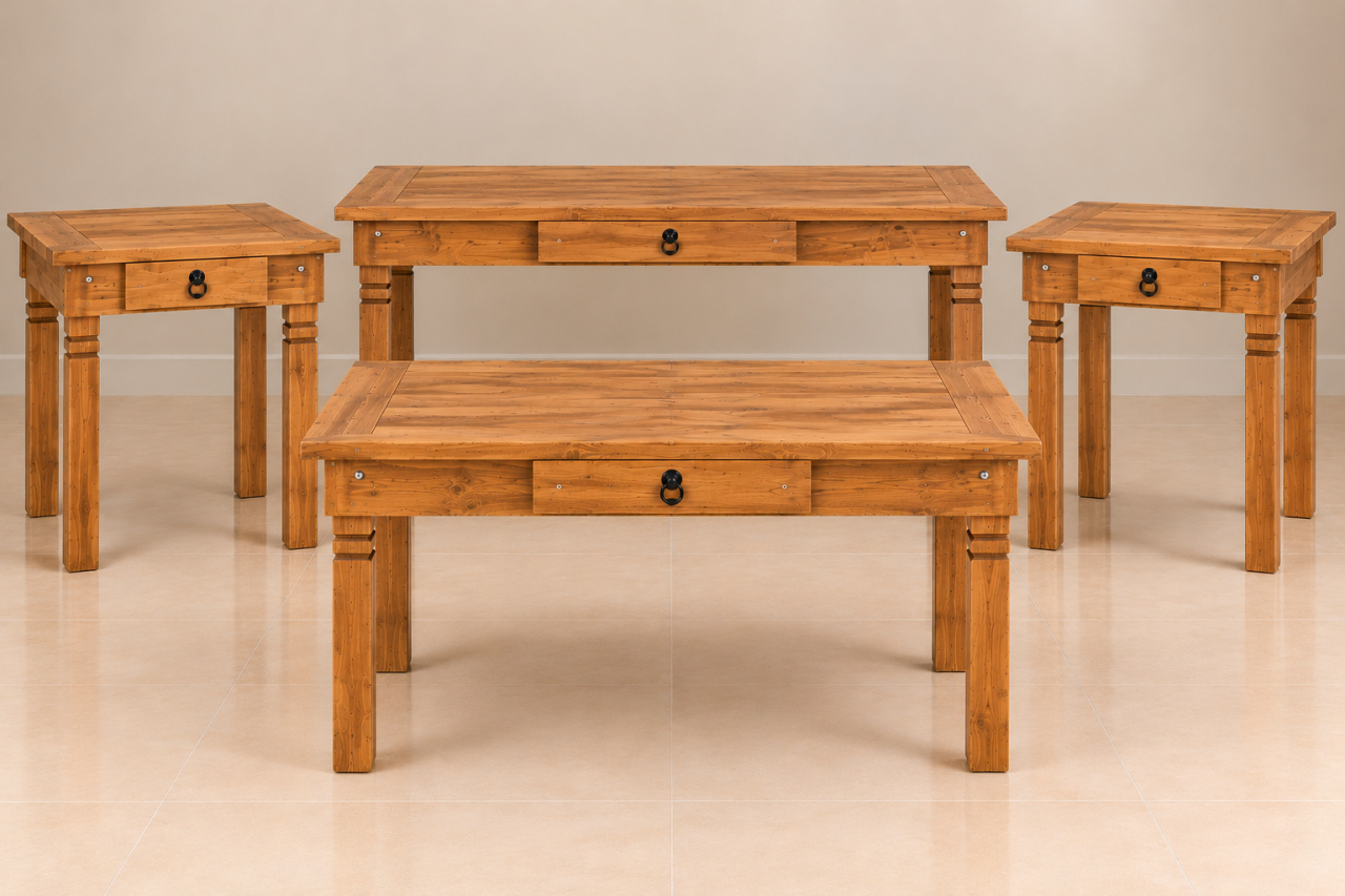 Conjunto de Mesas Rústicas Em Madeira Pinus | 4 Peças - Fábrica de Emoções Locações