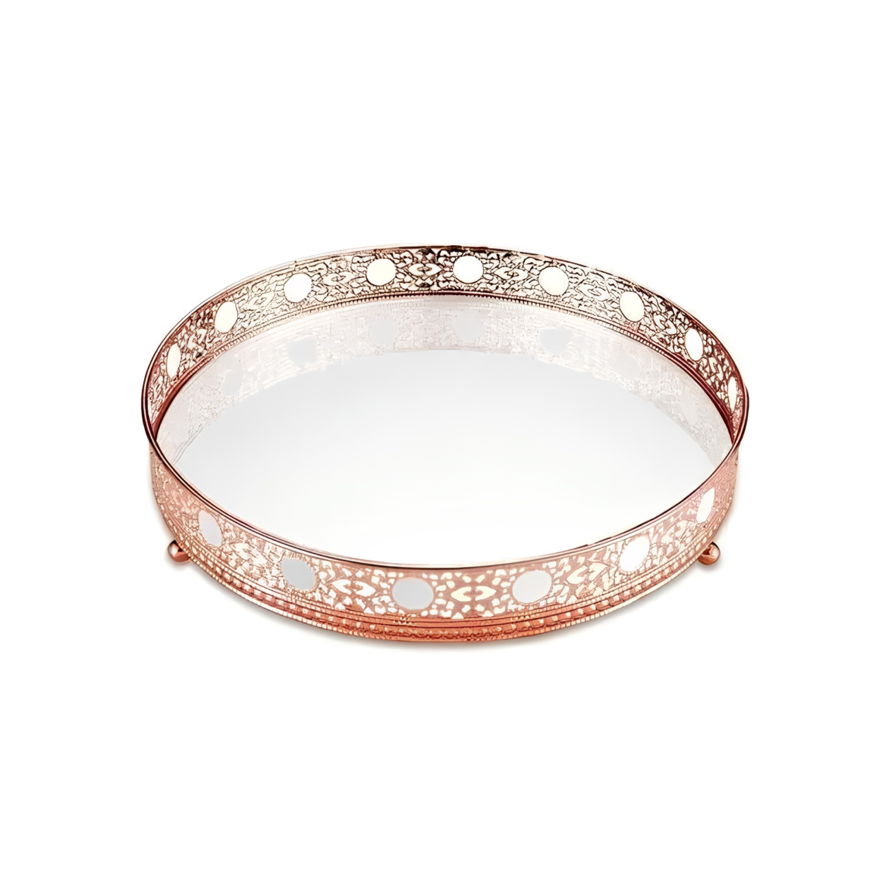 Bandeja Redonda Rose Gold Metalizada Com Espelho - Fábrica de Emoções Locações