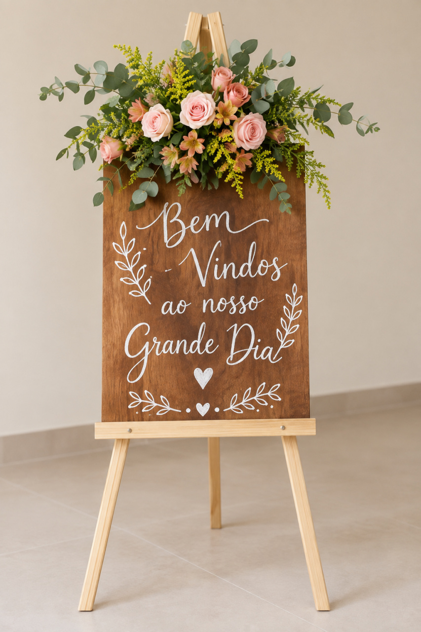 Cavalete de Boas-Vindas Com Arranjo Floral Permanente - Fábrica de Emoções Locações