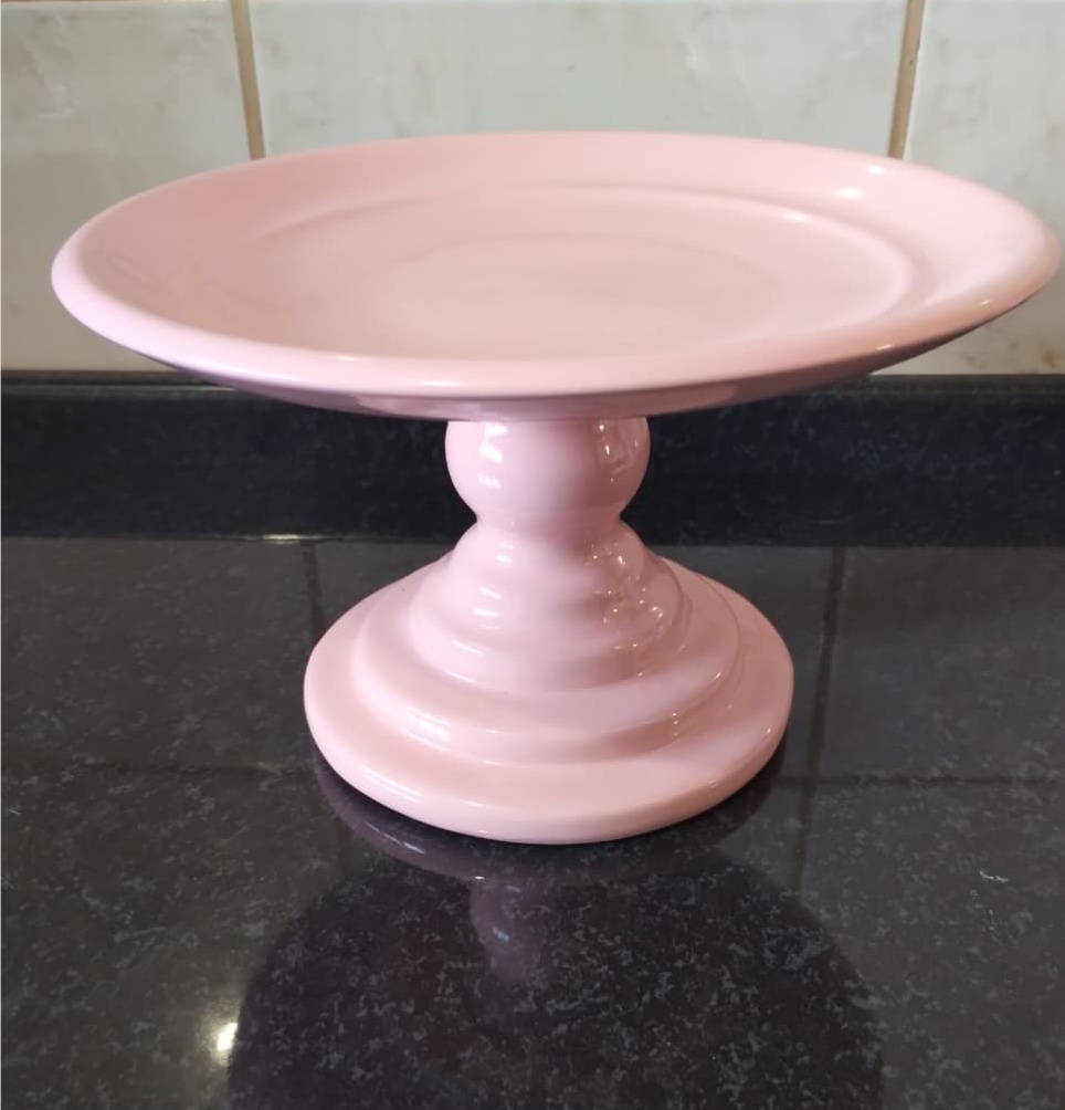 Boleira de Cerâmica Rosa Alta - Amiga Festeira Decorações 