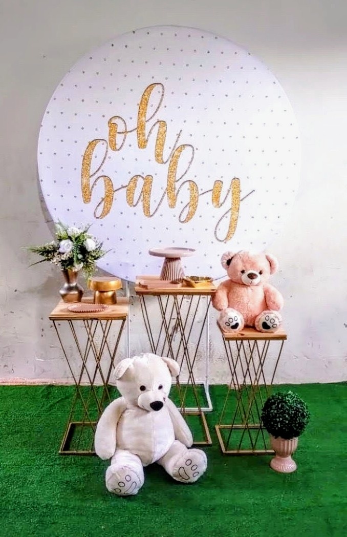 Kit Chá Oh Baby Painel Redondo C/ Mesas Treliças Douradas - Ágata pegue monte e decore 