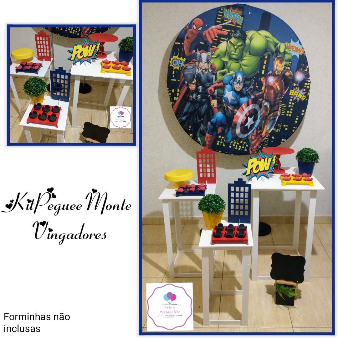 Vingadores - Painel Redondo - Trio Mesas Quadradas - Crie e Personalize Pegue e Monte