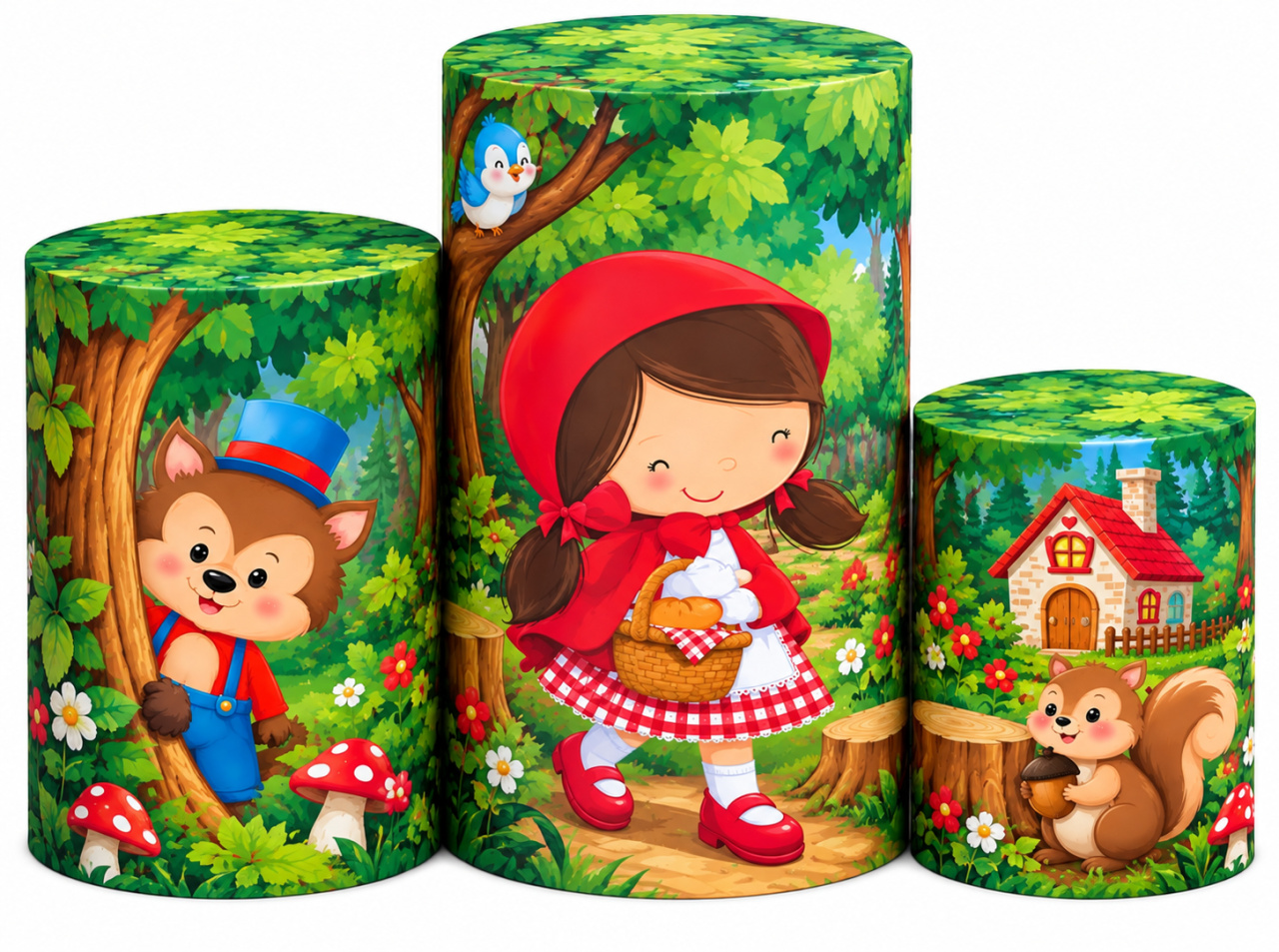 Tecido Trio de Cilindros Chapeuzinho Vermelho - Toque Mágico Decoração e pegue e monte