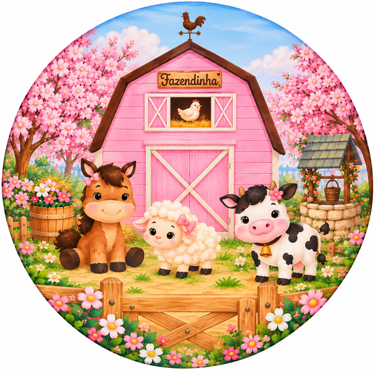 Tecido Painel Redondo Fazendinha Rosa - Toque Mágico Decoração e pegue e monte