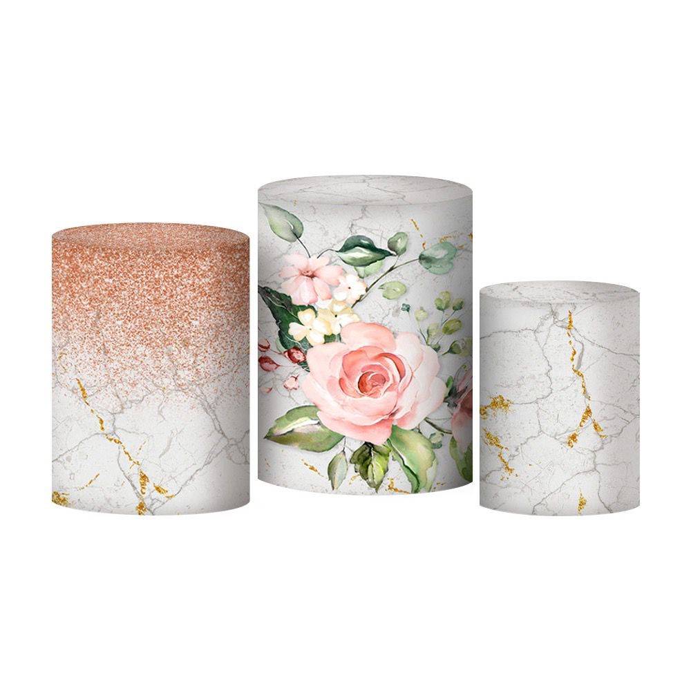 Trio Capa de Cilindro Floral Rose E Dourado - Boutique festa locações 