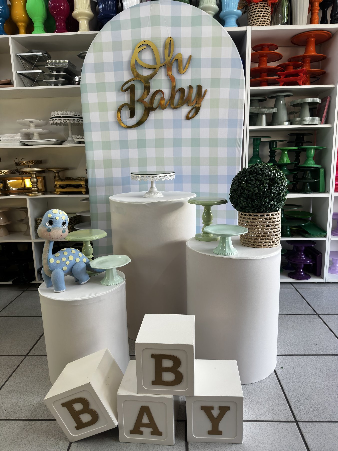 Chá de Bebê Verde E Azul Dinossauro - Boutique festa locações 
