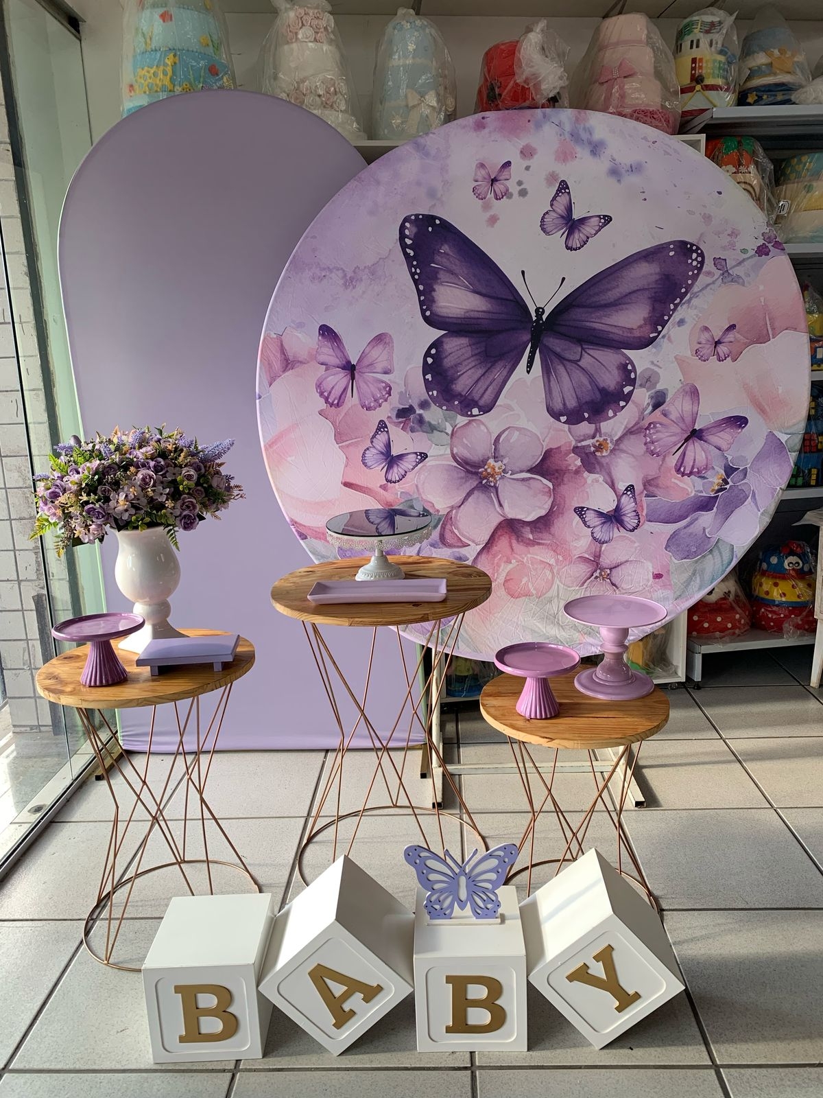 Chá de Bebê Borboleta Lilás - Boutique festa locações 