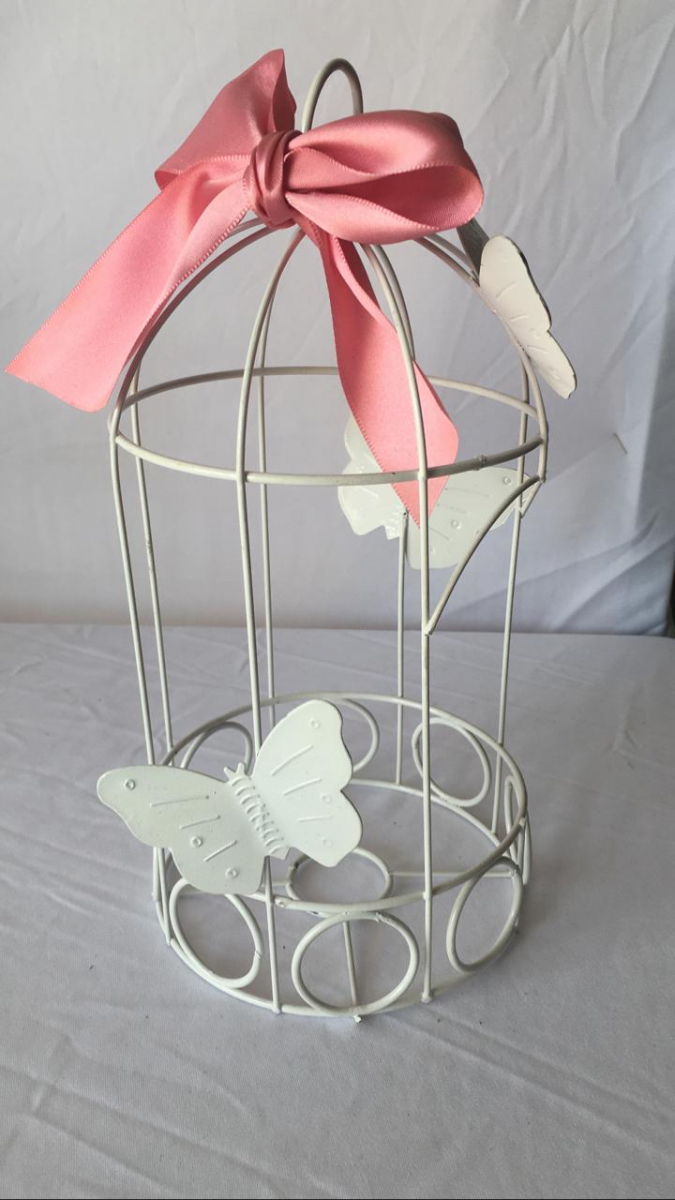 Gaiola Branca C/ Laço Rosa  Jardim - Boutique festa locações 
