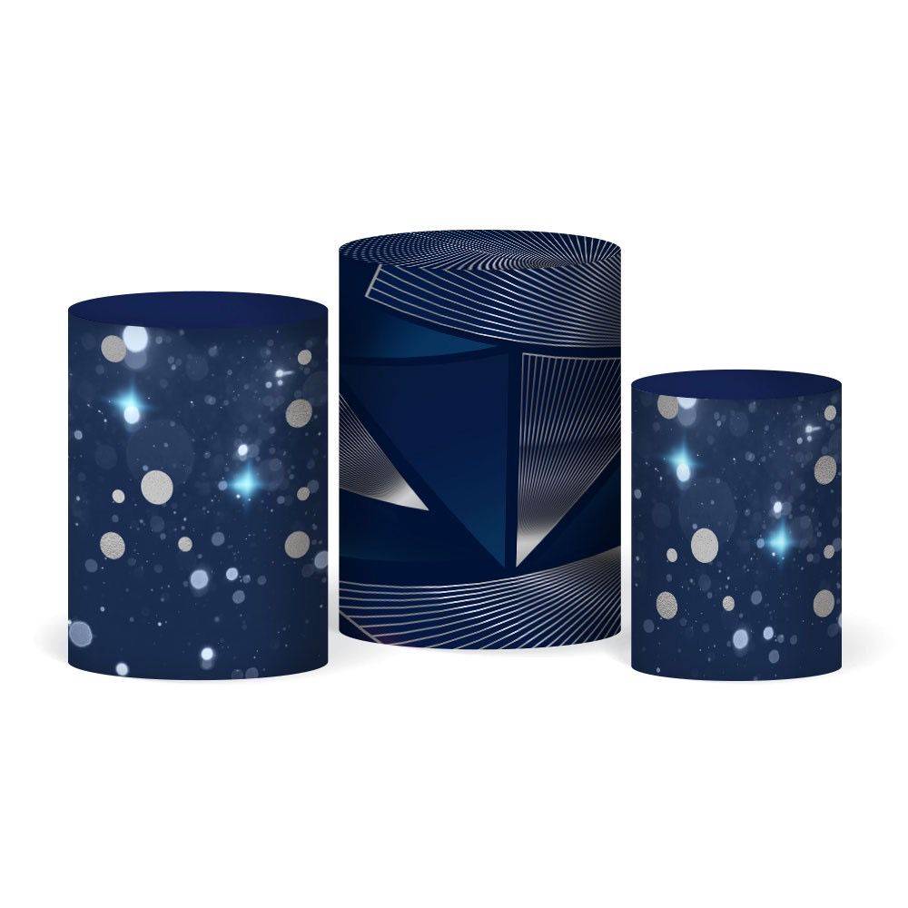 Trio Capa de Cilindro  Formas Geométricas Azul E Prata - Boutique festa locações 