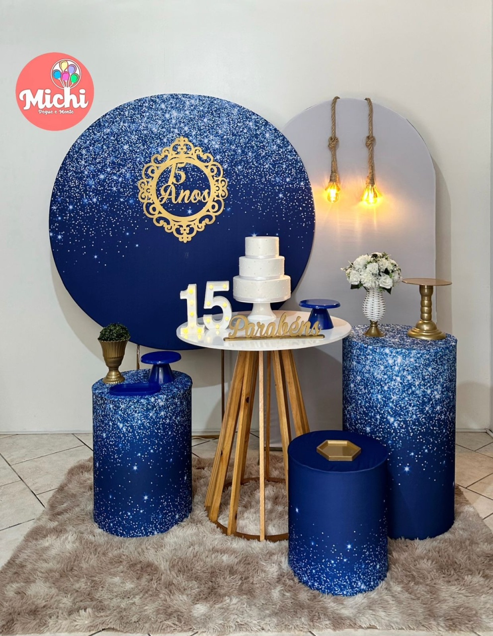 Kit 4 Azul Escuro Gliter 15 Anos Mesa Redonda  - Michi Pegue e Monte
