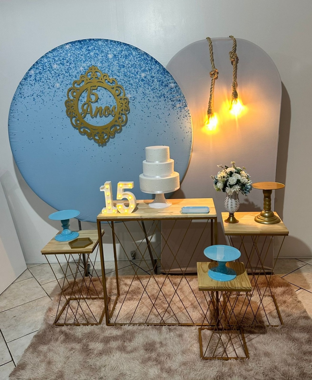 Kit 15 Anos Azul Gliter Mesa Teia - Michi Pegue e Monte