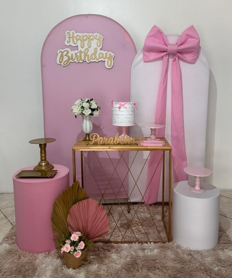 Kit Laço Rosa Com Branco Mesas Teia - Michi Pegue e Monte