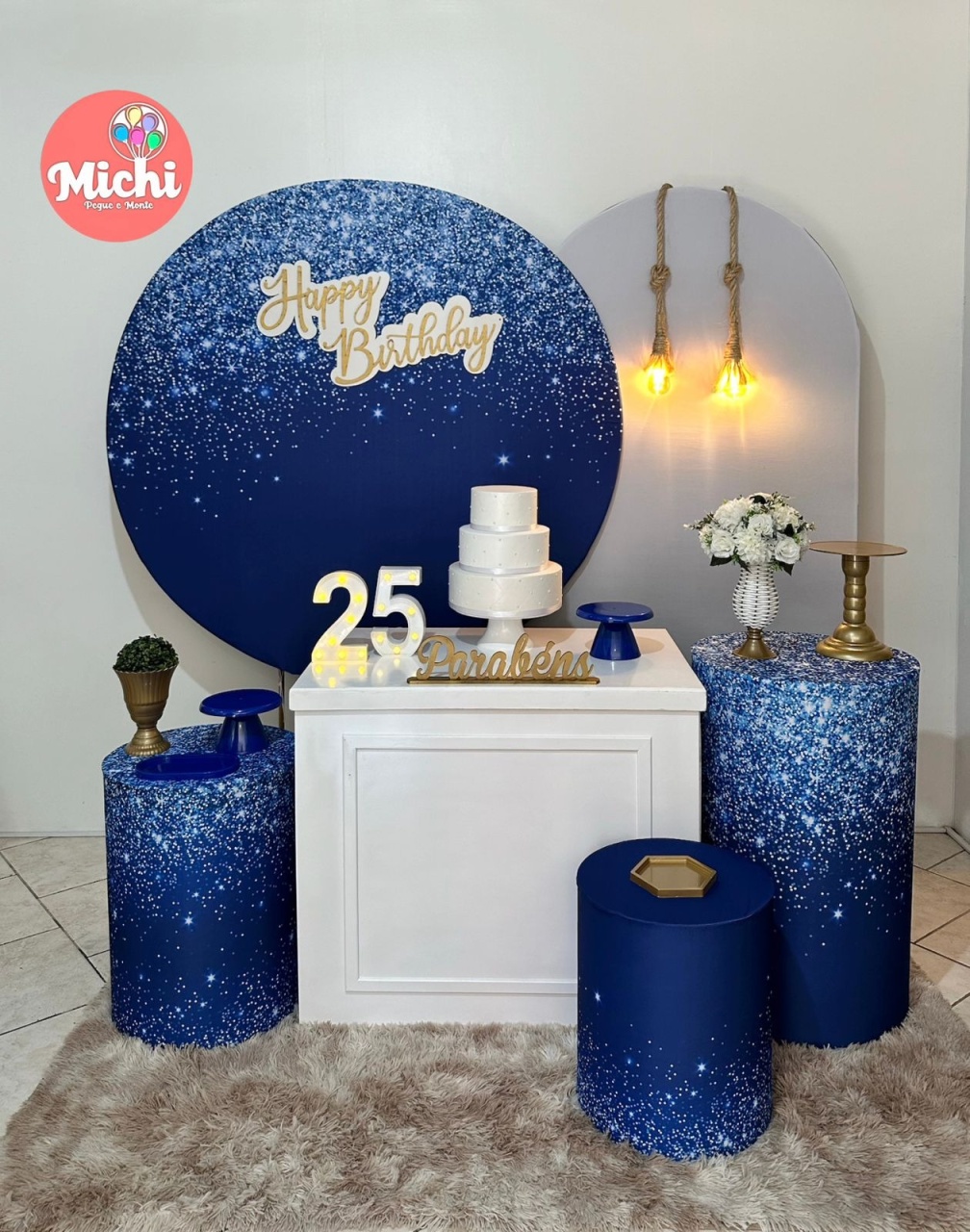 Kit 4 Azul Escuro Gliter Happy Birthday  - Michi Pegue e Monte
