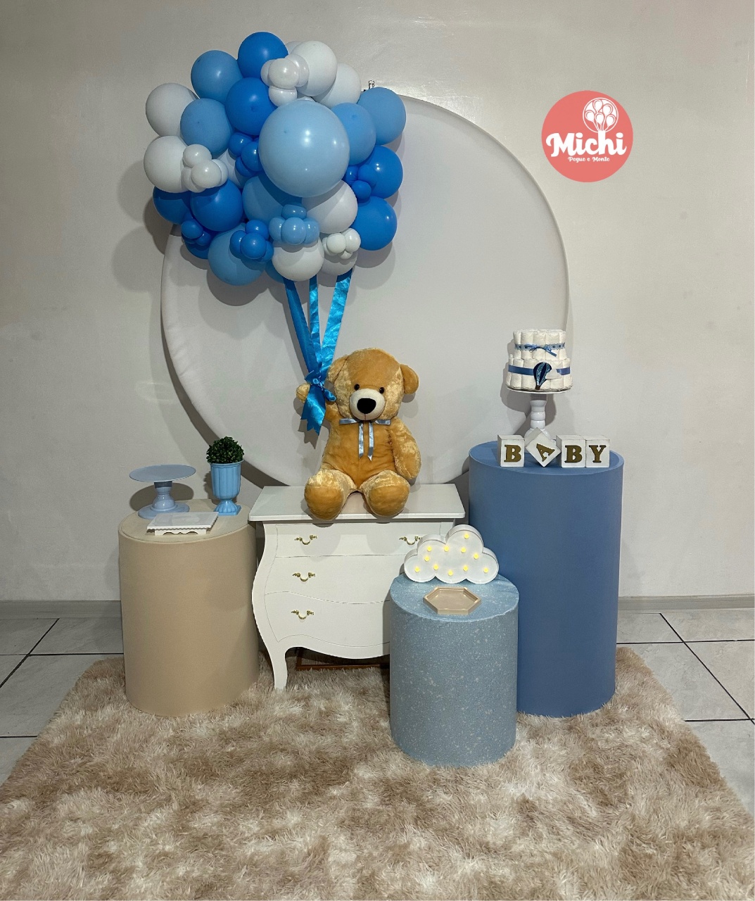 Kit Luxo Baby 1 Painel Redondo Azul E Branco   - Michi Pegue e Monte