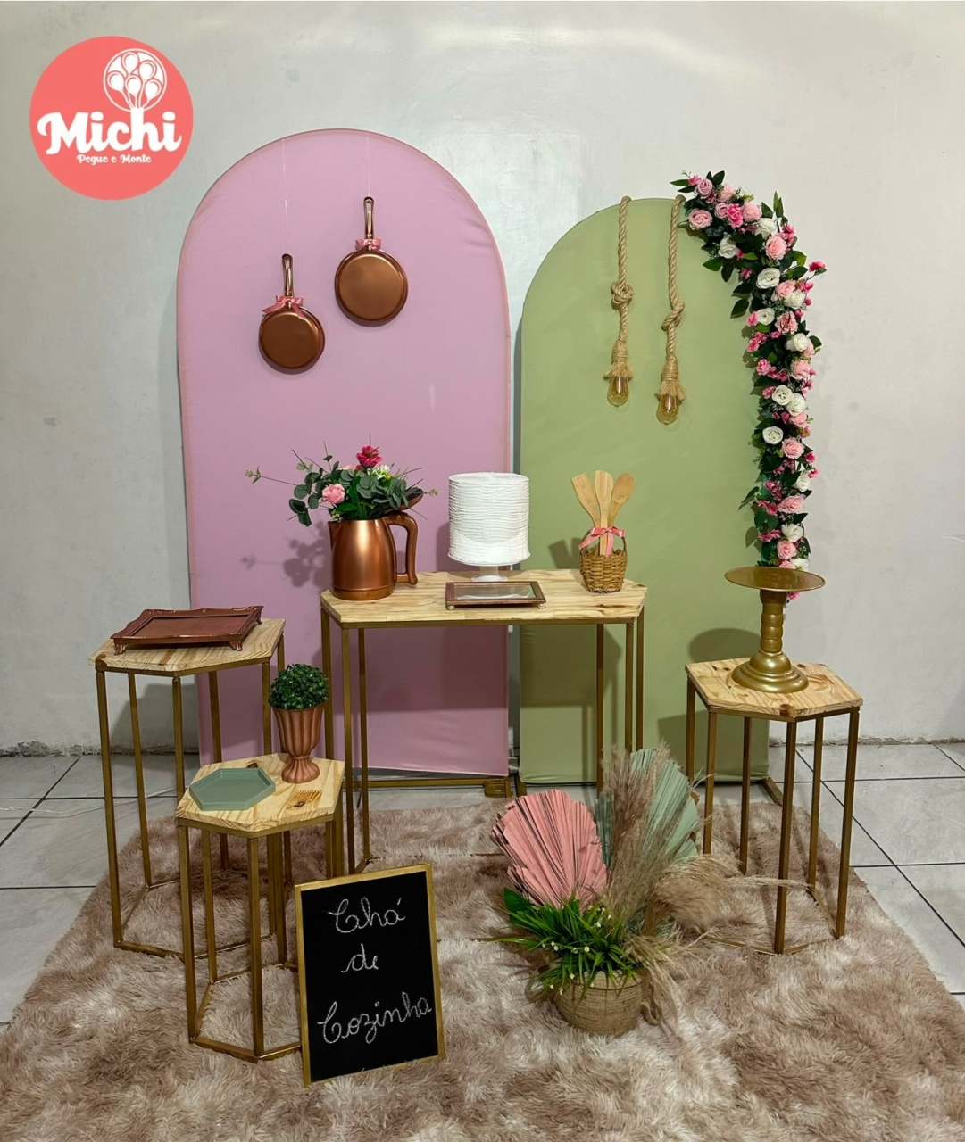 Kit Chá de Cozinha Rosa E Verde Chá Mesa Sextavada - Michi Pegue e Monte