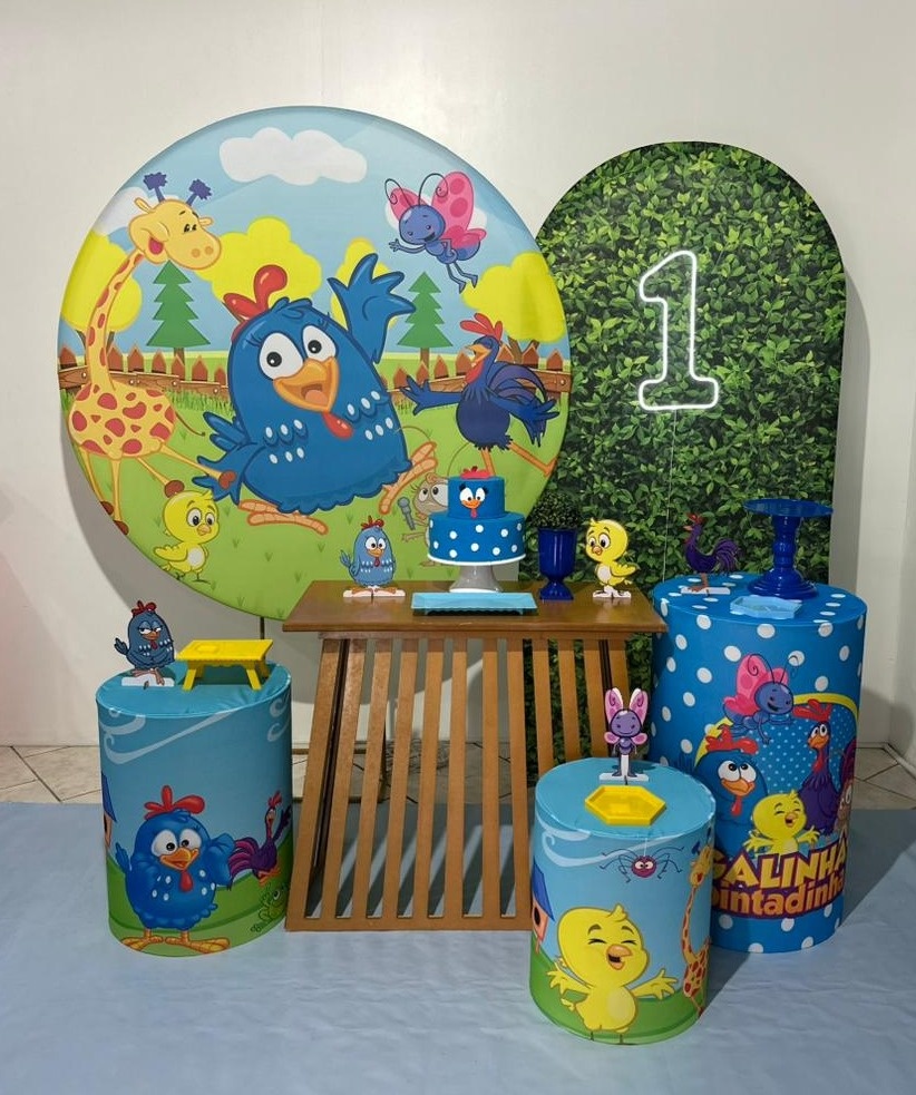 Kit 4 Galinha Pintadinha Azul Com Mesa Ripada - Michi Pegue e Monte