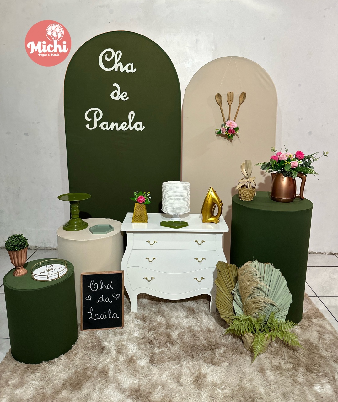 Kit Chá de Cozinha Verde E Nude Com Comôda - Michi Pegue e Monte