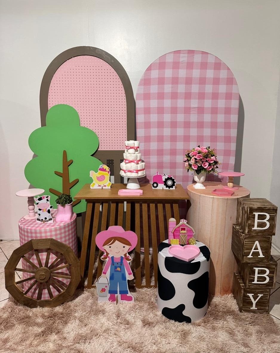 Kit Encanto Fazendinha Rosa Baby Com Mesa Ripada   - Michi Pegue e Monte