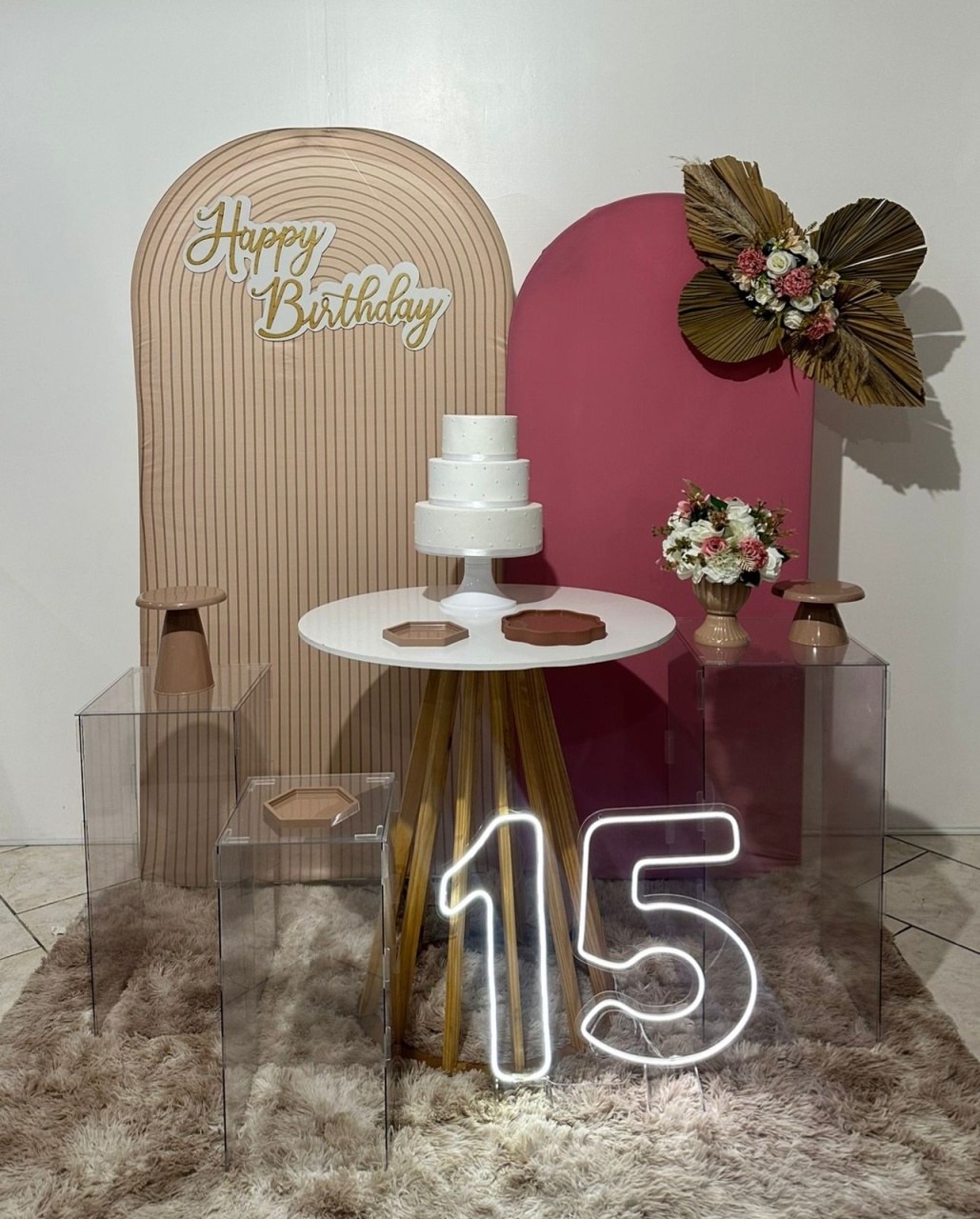 Kit Happy Birthday Painel Ripado E Rose - Michi Pegue e Monte