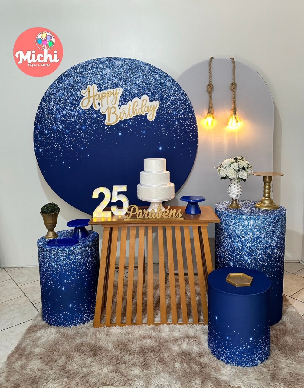 Kit 4 Azul Escuro Gliter Happy Birthday Mesa Ripada - Michi Pegue e Monte
