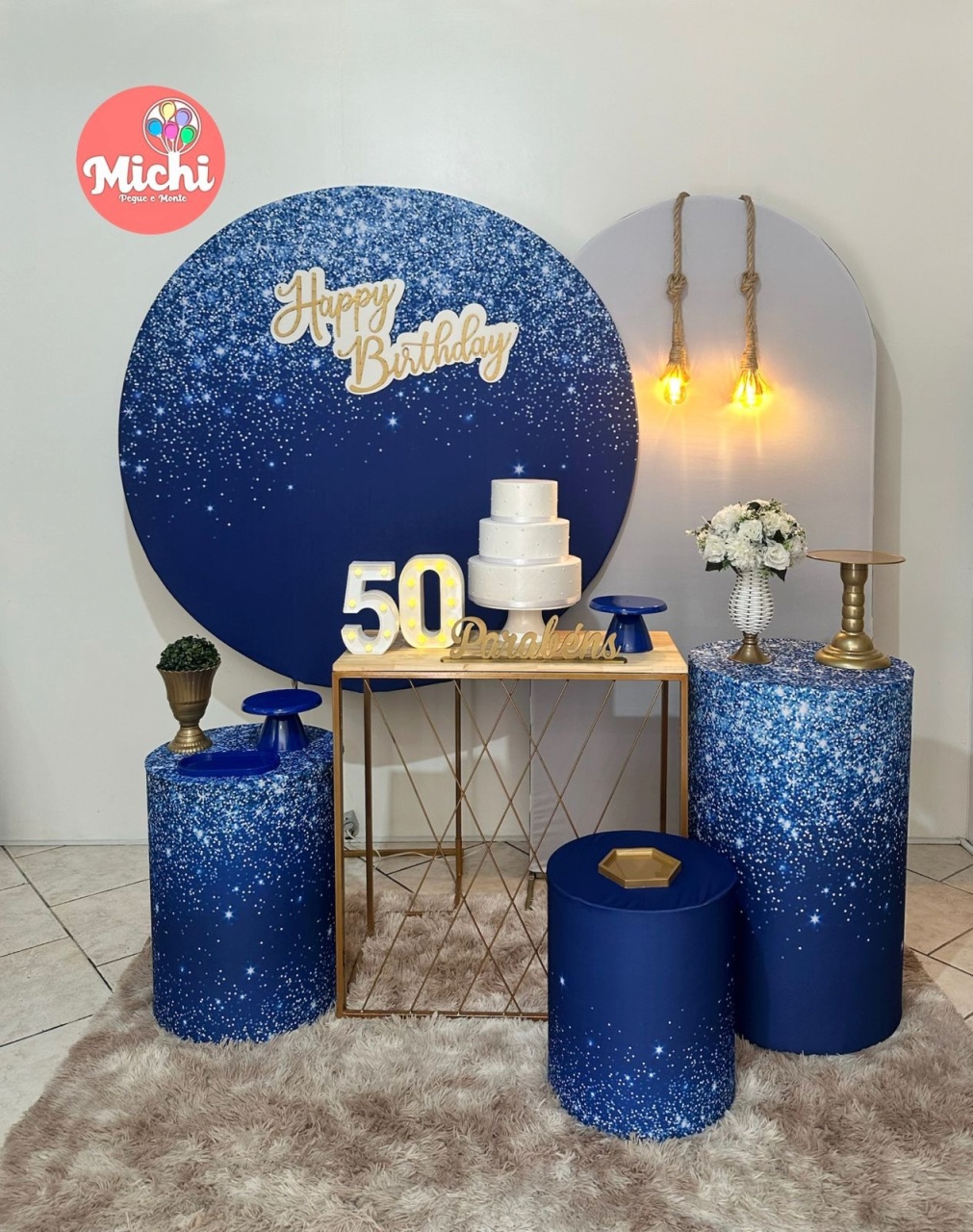 Kit 4 Azul Escuro Gliter Happy Birthday Mesa Teia - Michi Pegue e Monte