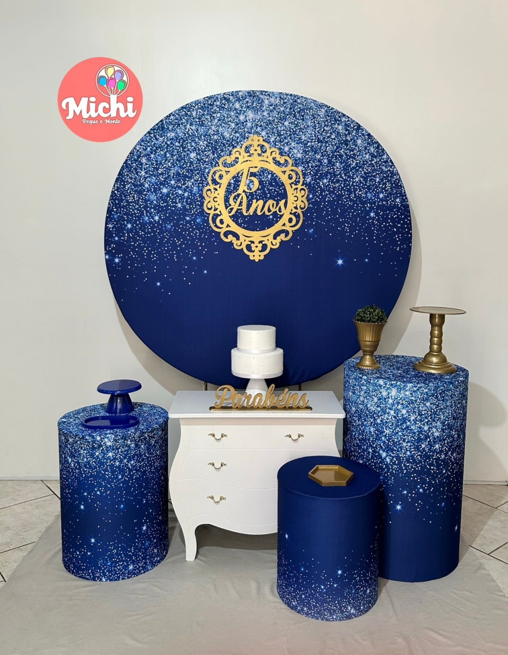 Kit 2 Azul Escuro Gliter 15 Anos Com Moldura - Michi Pegue e Monte
