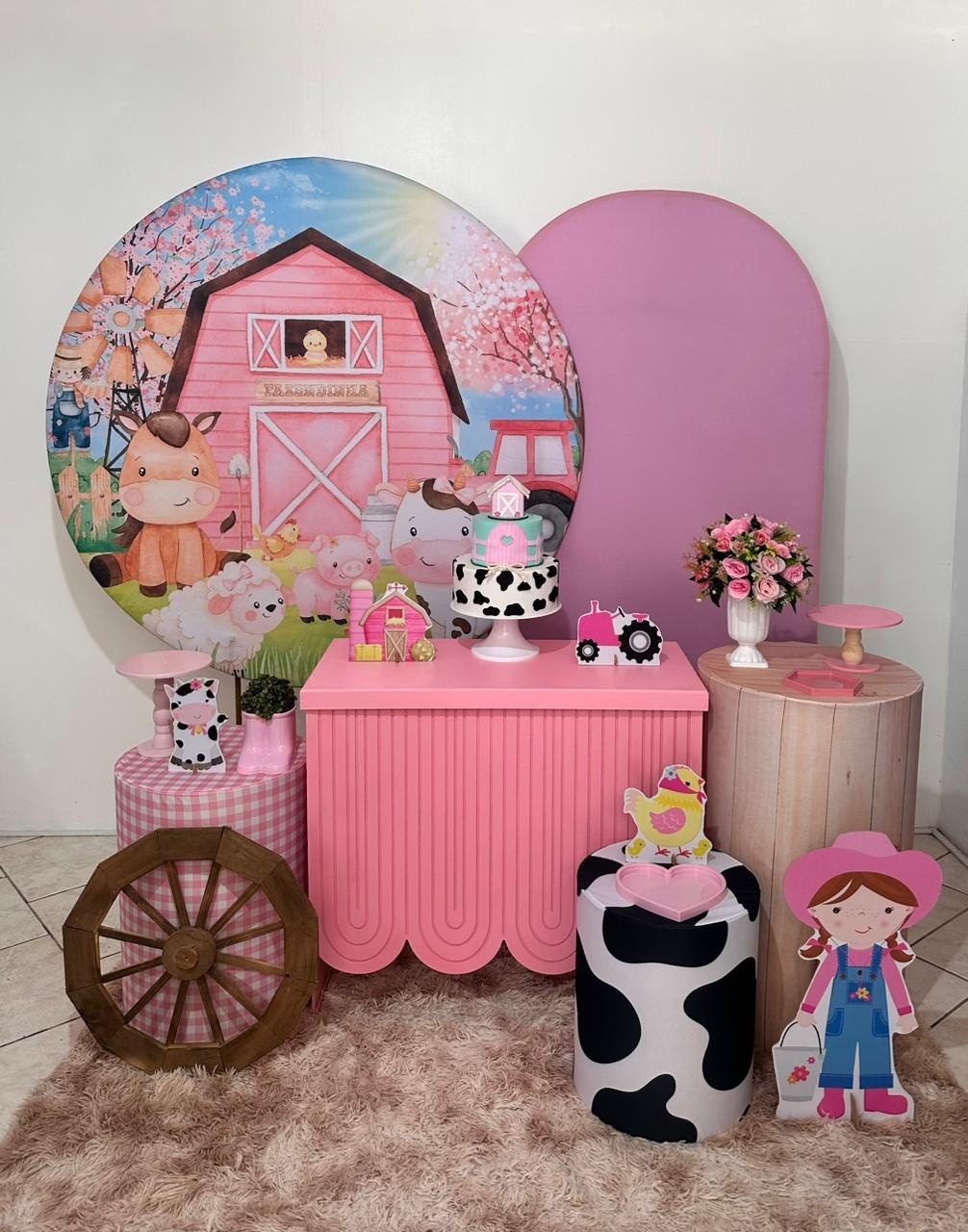 Kit 4 Fazendinha Rosa Com Painel Rosa Liso - Michi Pegue e Monte