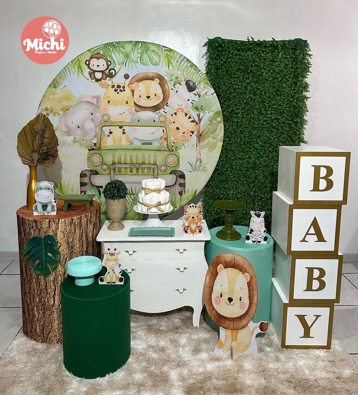 Kit 3 Safari Baby Com Muro Verde E Cubos Baby  - Michi Pegue e Monte