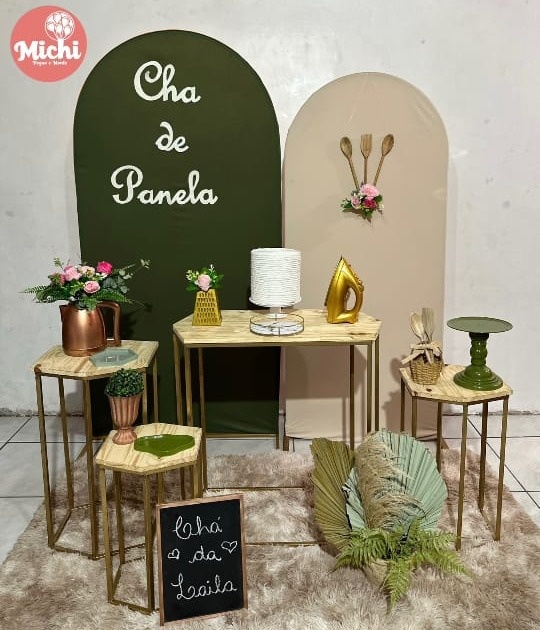 Kit Chá de Cozinha Verde E Nude Com Mesas de Ferro  - Michi Pegue e Monte