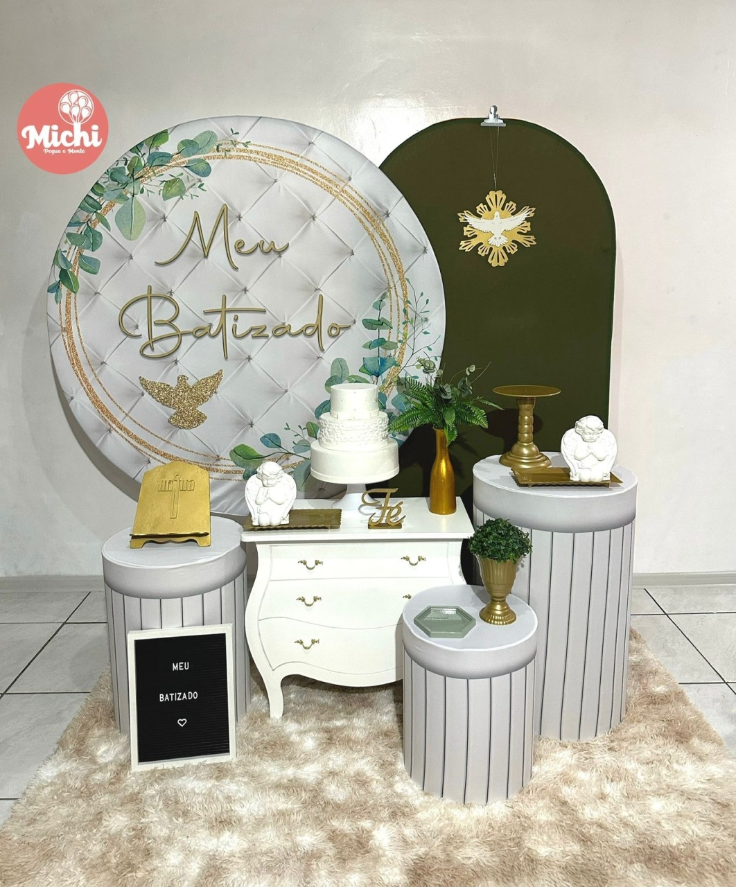 Kit 3 Batizado Branco E Verde Militar - Michi Pegue e Monte
