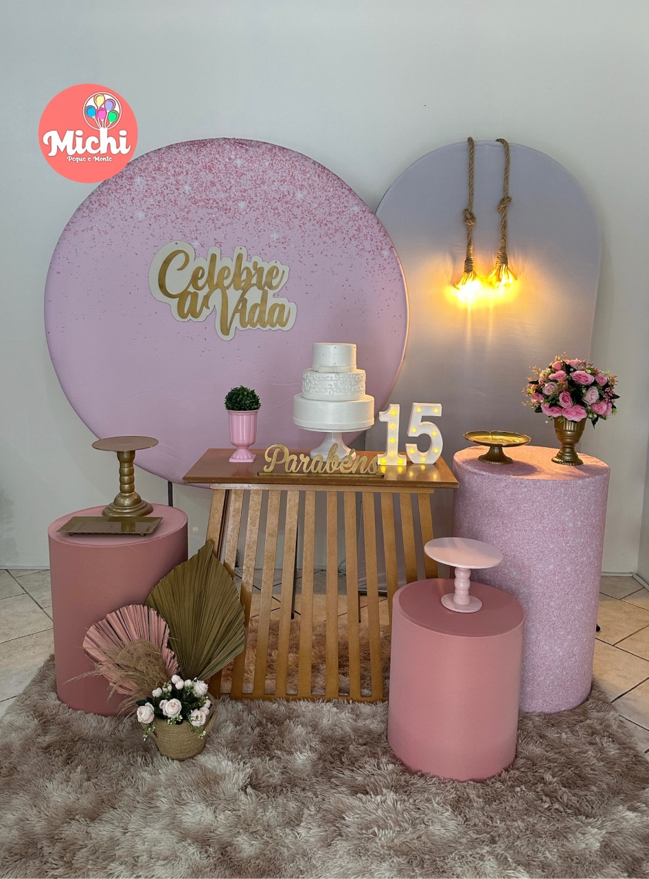 Kit Rosa Mesa Ripada E Painel Redondo E Romano Com Luz  - Michi Pegue e Monte
