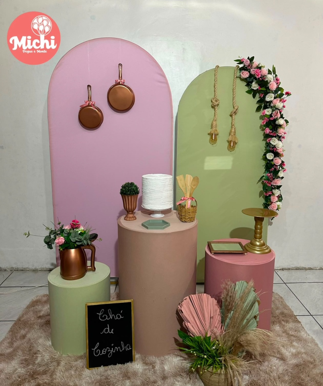 Kit Chá de Cozinha Rosa E Verde Chá - Michi Pegue e Monte
