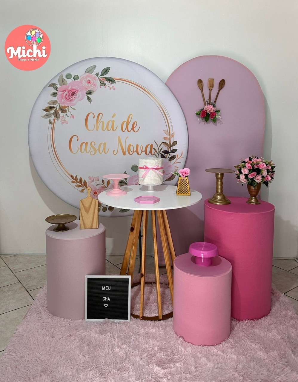 Kit 4 Rosa E Branco Chá de Casa Nova Mesa Redonda - Michi Pegue e Monte