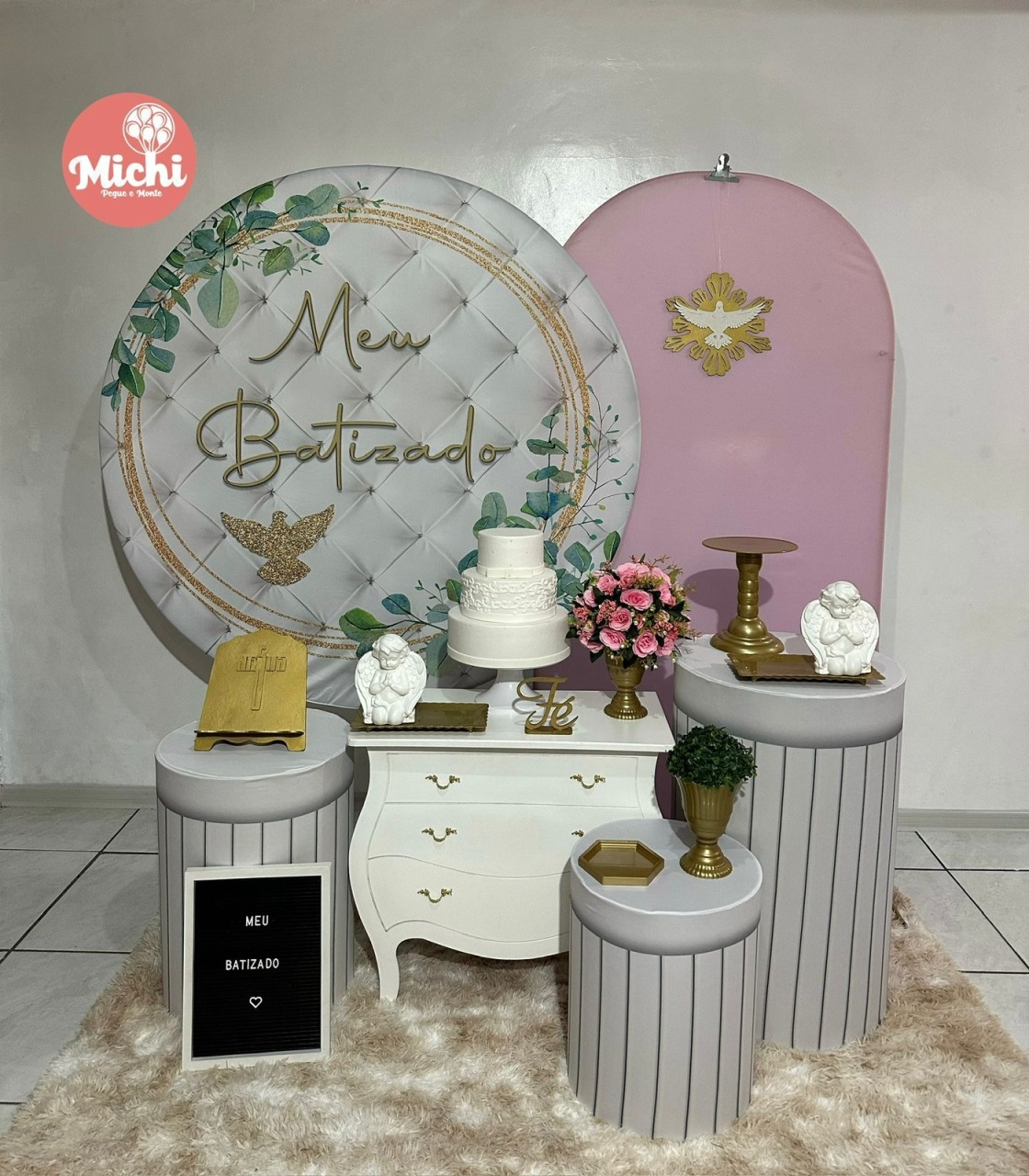Kit 3 Batizado Branco E Rosa - Michi Pegue e Monte