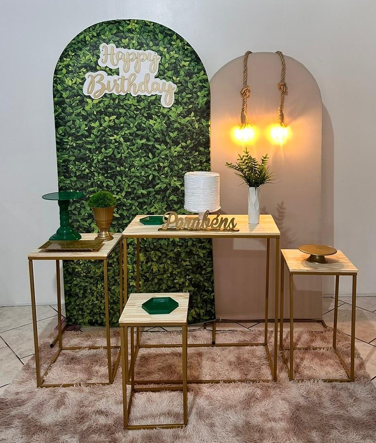 Kit Happy Birthday Folhagem E Nude Mesa Ferro Quadrada - Michi Pegue e Monte