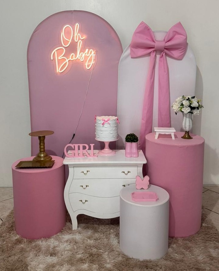 Kit Laço Rosa Com Branco Chá de Bebe Menina - Michi Pegue e Monte
