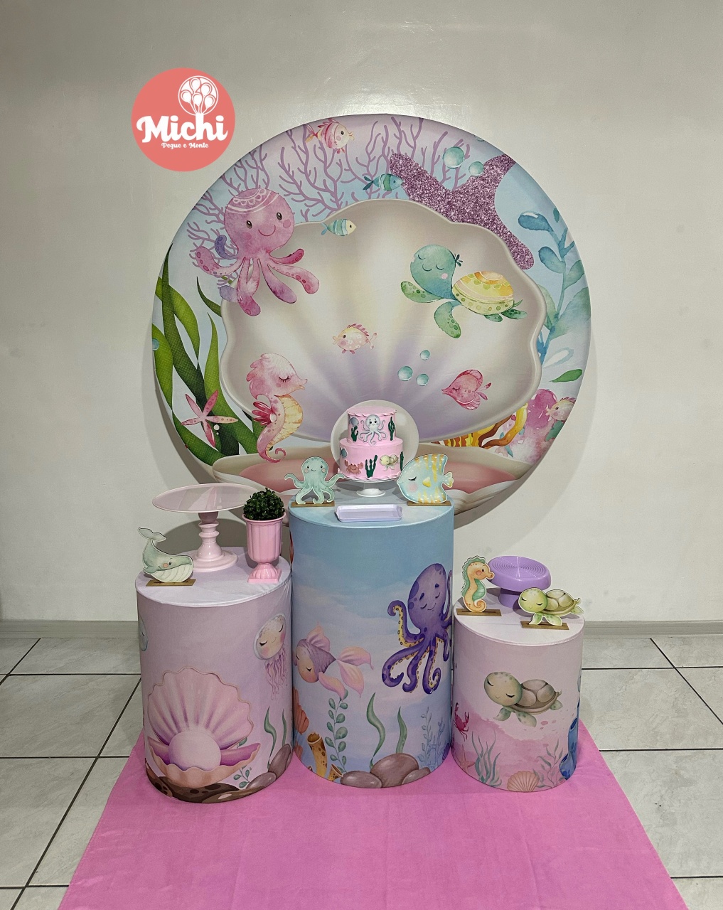 Kit 1 Fundo Do Mar Rosa Capas Mesa Estampada  - Michi Pegue e Monte