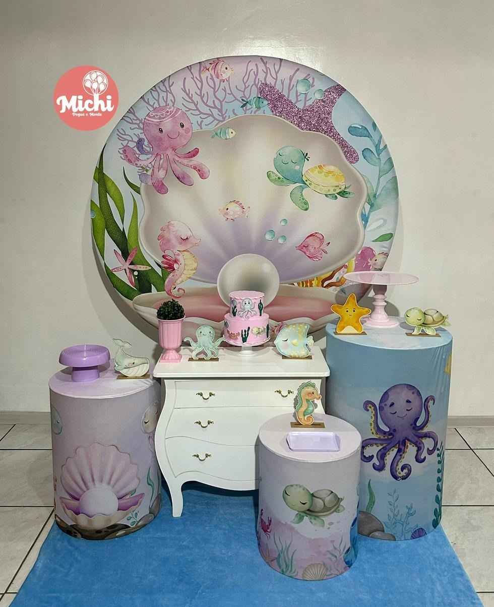 Kit 2 Fundo Do Mar Rosa Capas Mesa Estampada   - Michi Pegue e Monte