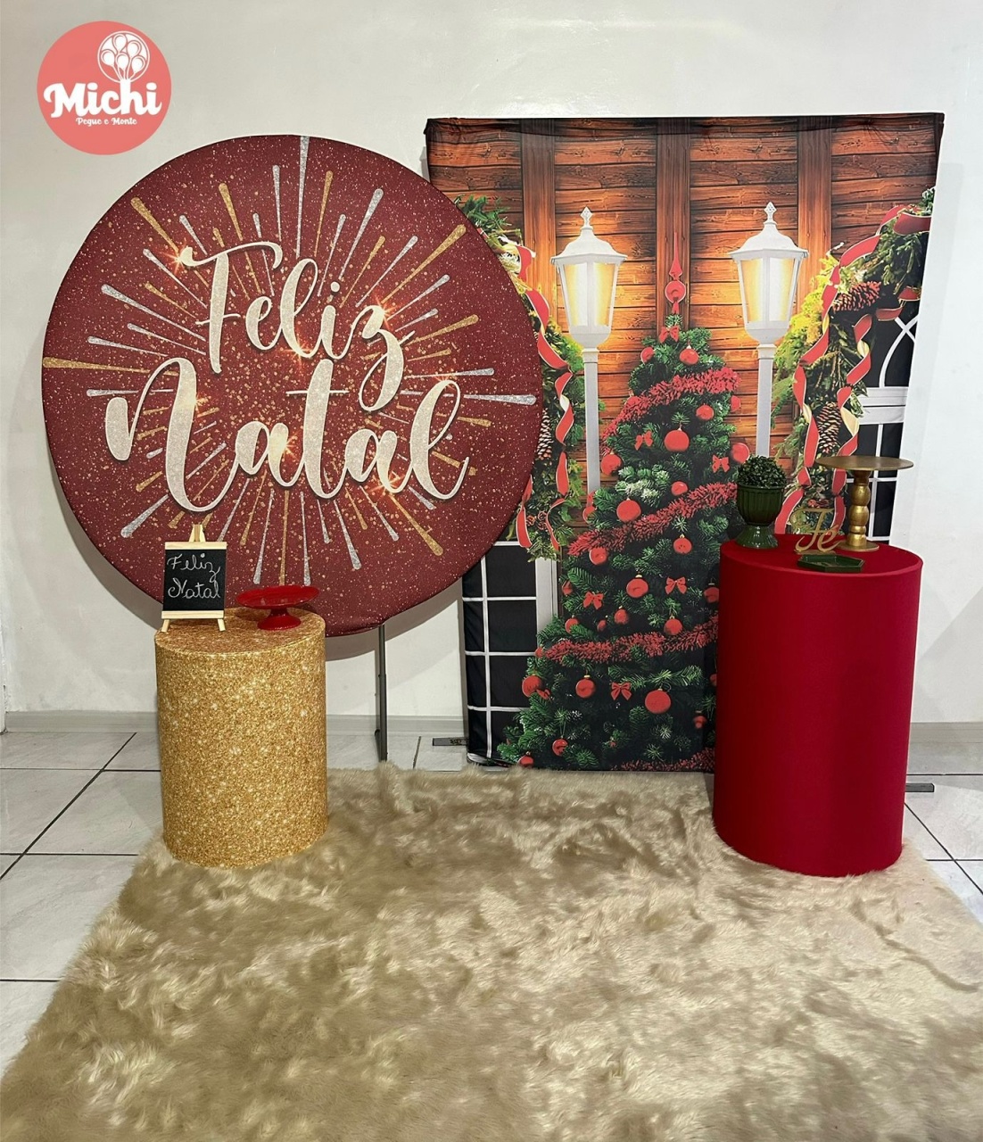 Cenario Natal Paínel Vermelho Com Retangular de Arvore - Michi Pegue e Monte