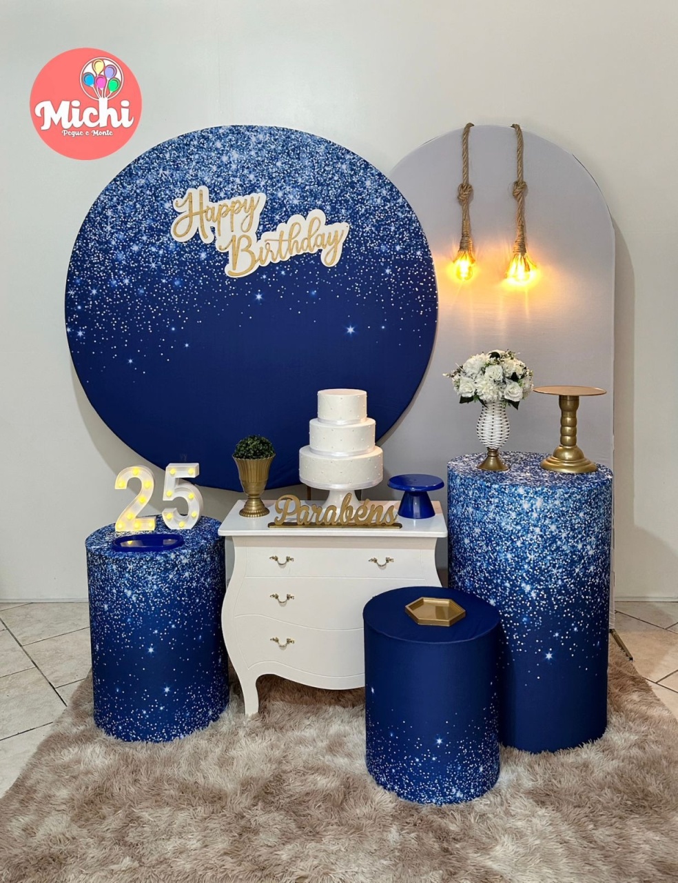 Kit 3 Azul Escuro Gliter Happy Birthday - Michi Pegue e Monte