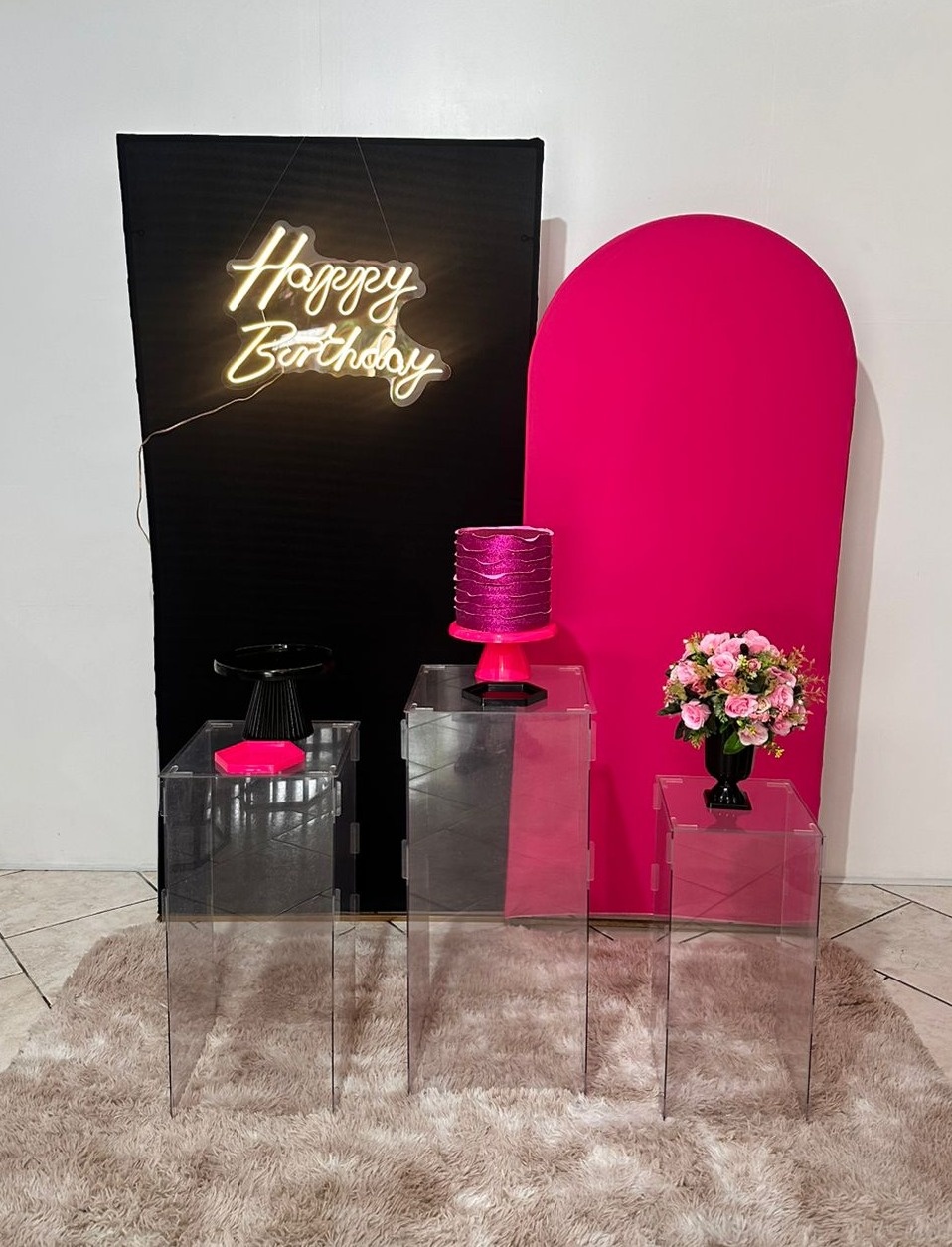 Kit Happy Birthday Preto E Pink Mesas Acrilicas  - Michi Pegue e Monte