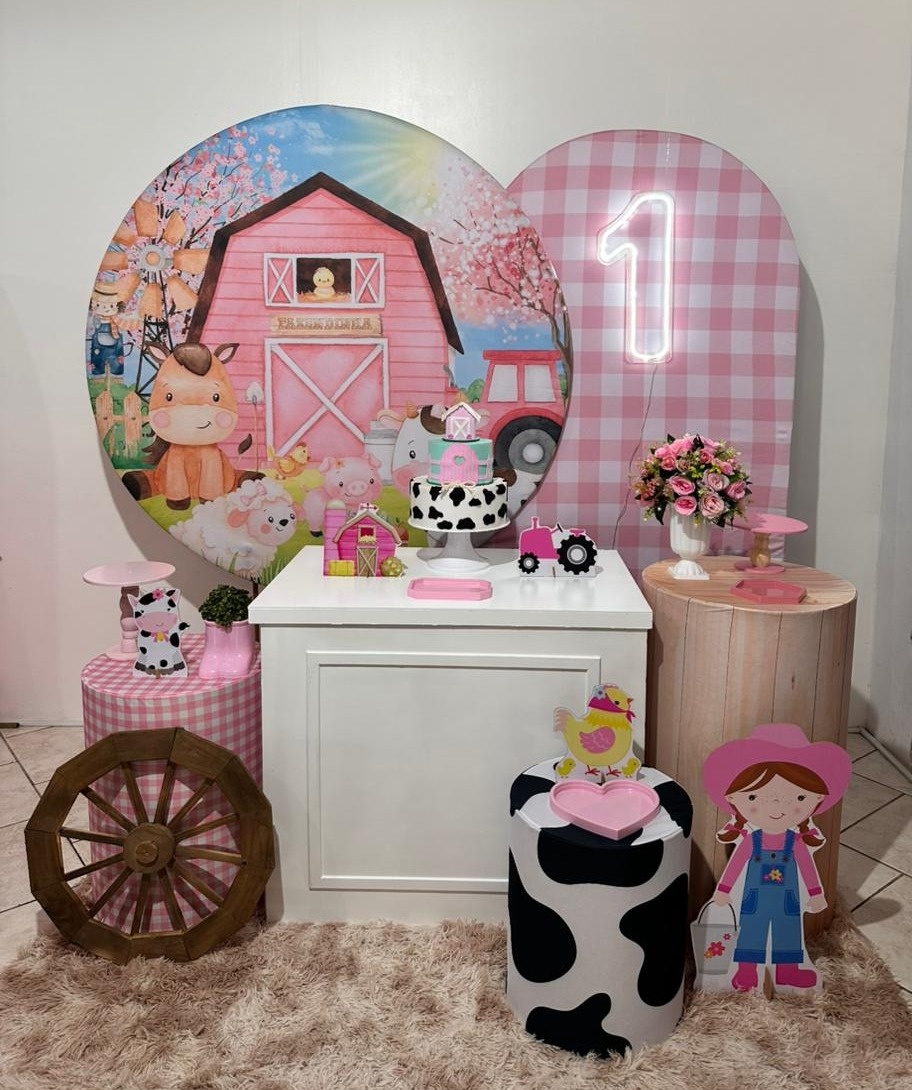 Kit 4 Fazendinha Rosa Com Mesa Branca - Michi Pegue e Monte