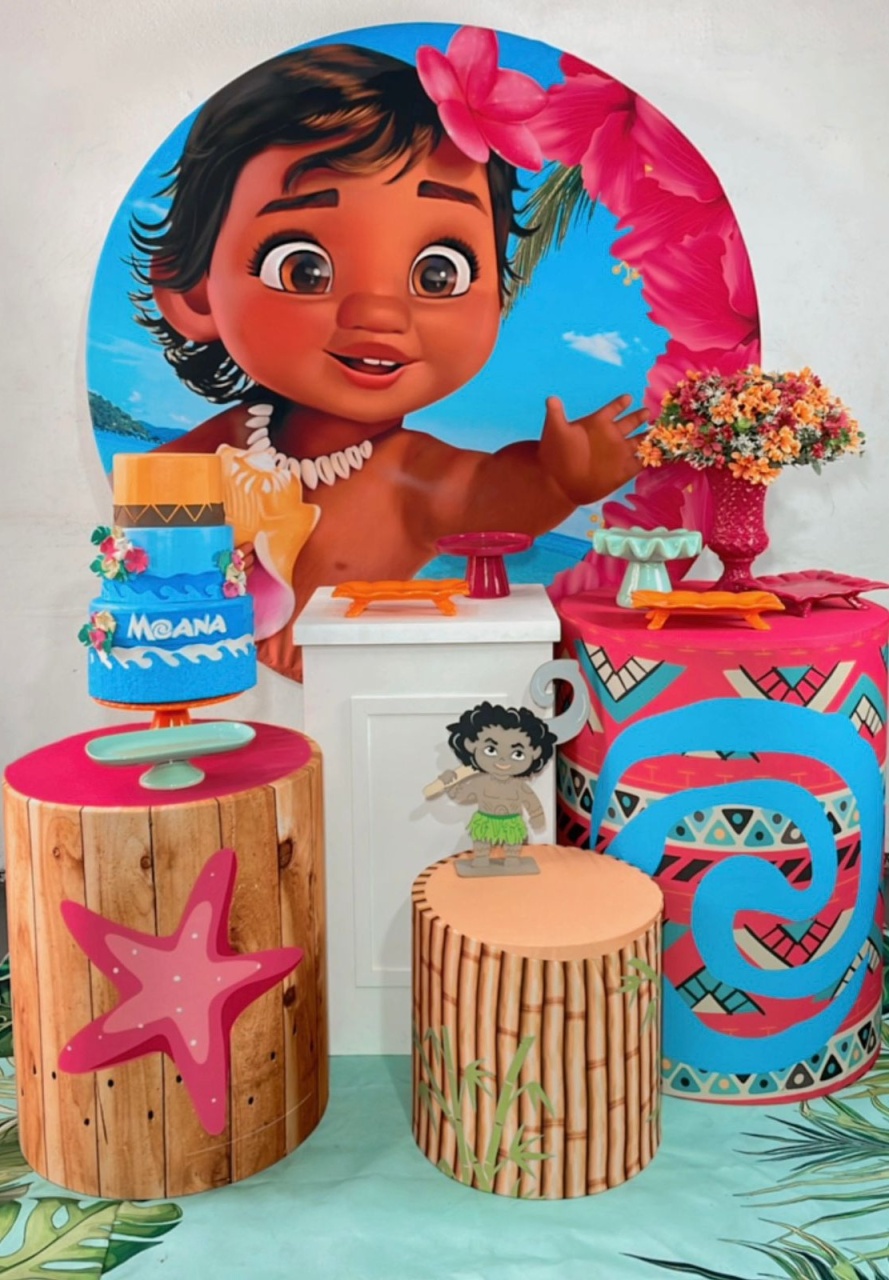 Kit Prata Moana Baby Fundo Rosa Mod 2  - TudFestas
