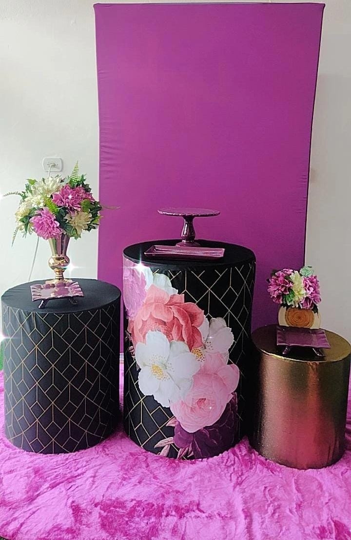 Kit Bronze Floral Preto Com Roxo P.l - Painel Quadrado - TudFestas