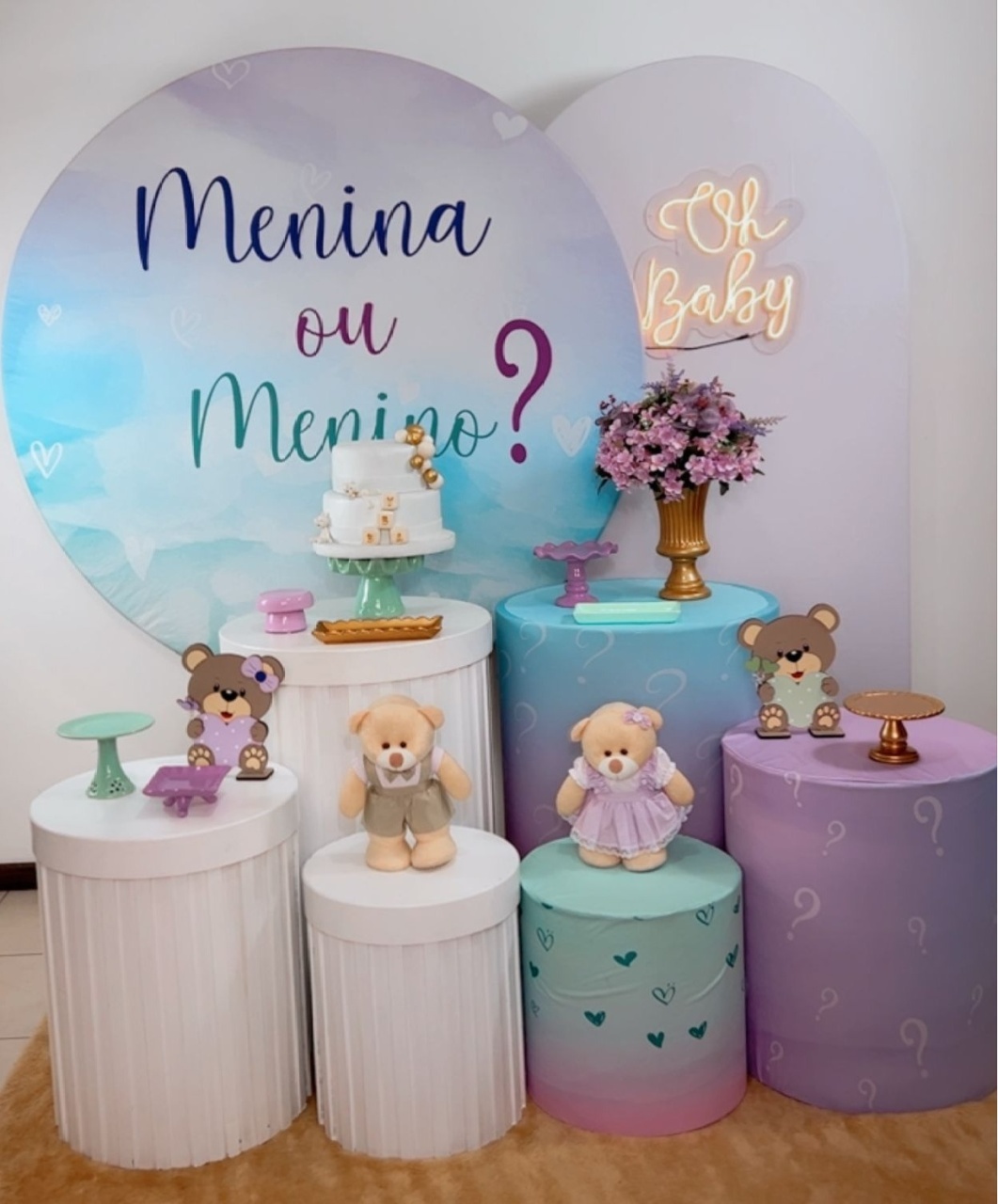 Composição Chá Revelação - Lilás E Verde - Cilindros Ripados Branco. - TudFestas