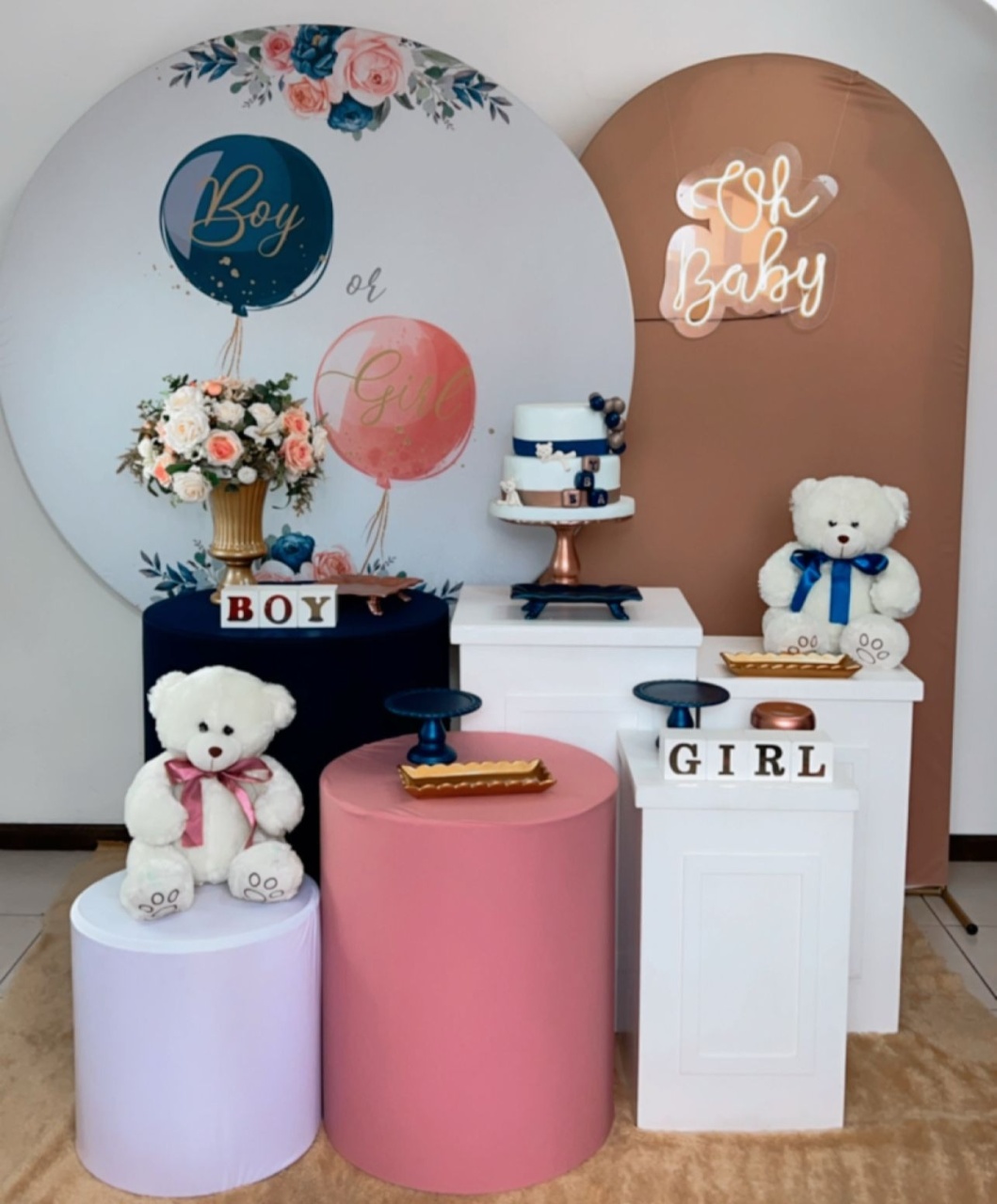 Composição Chá Revelação - Azul E Rose - Cubos Branco Trio. - TudFestas