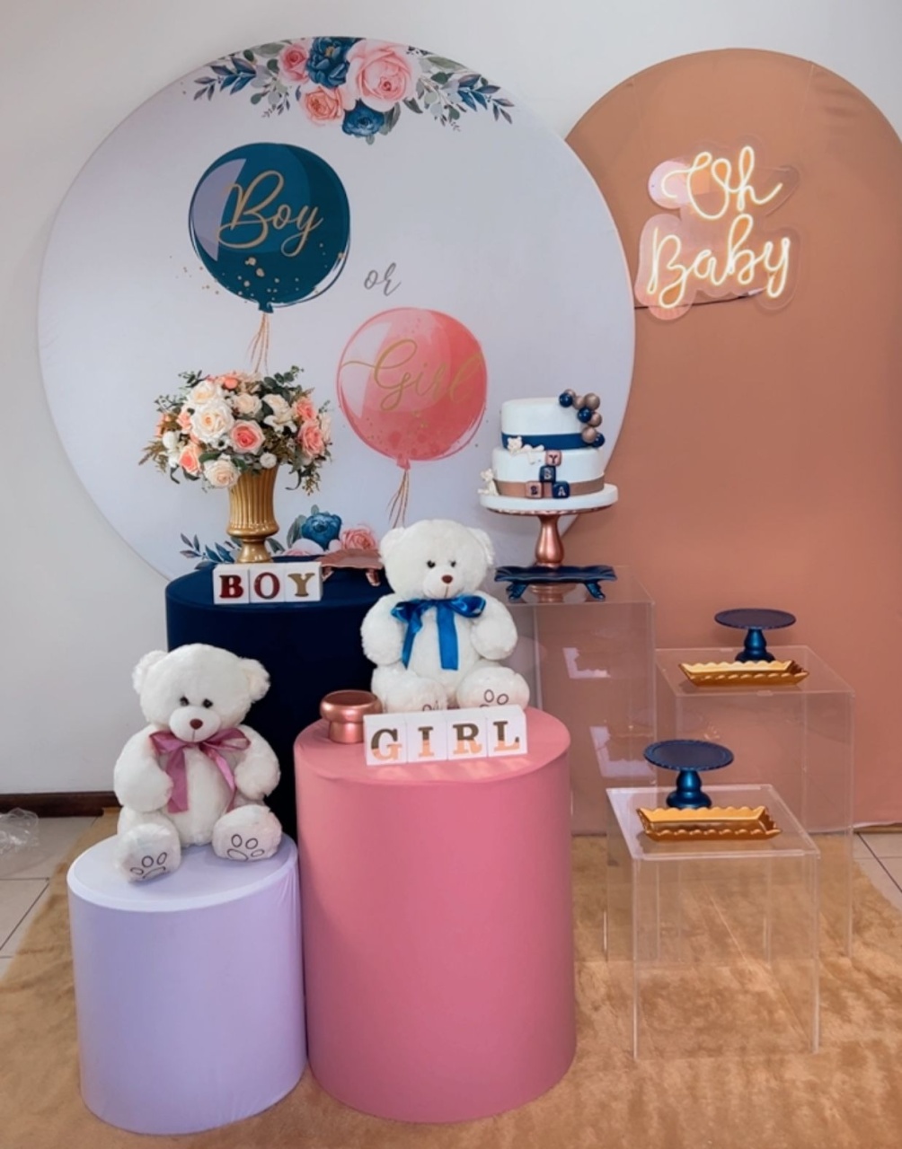 Composição Chá Revelação - Azul E Rose - Cubos Acrílicos.   - TudFestas